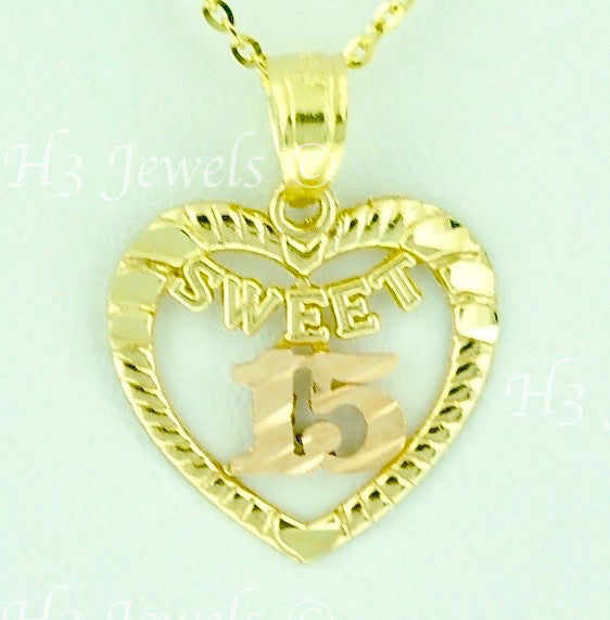 14K Solid 2-Tone Yellow & Rose Gold Sweet 15 Heart Pendant #5457