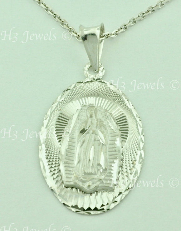 14K Solid White Gold Oval Virgin Mary Lady Guadalupe Pendant #5483