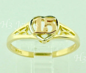 14K Solid Tri-Gold Sweet 15 Heart Ring #5490