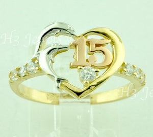 14K Solid Tri-Gold Cubic Zirconia Heart and Dolphin Sweet 15 Ring #5498