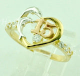 14K Solid Tri-Gold Cubic Zirconia Heart and Dolphin Sweet 15 Ring #5498