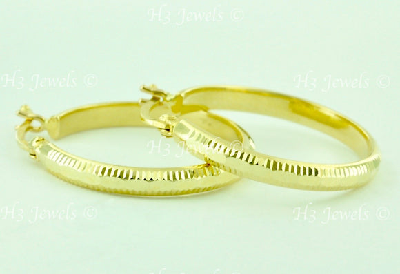 14K Solid Yellow Gold Diamond Cut Hoop Earrings 7/8 inch #5517