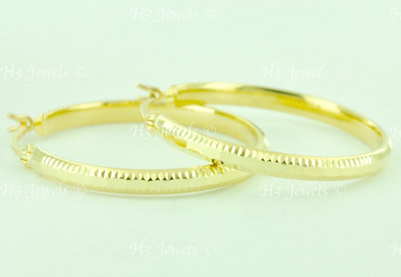 14K Solid Yellow Gold Diamond Cut Hoop Earrings 1-1/8 inch #5526