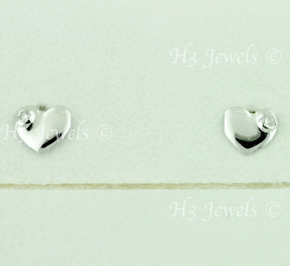 14K Solid White Gold Kids CZ Heart Stud Earrings #5551