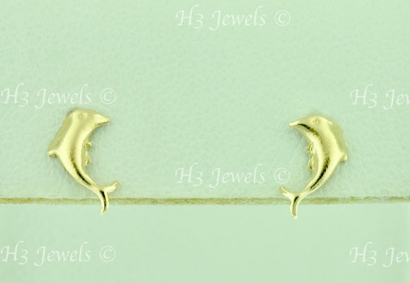 14K Solid Yellow Gold Kids Dolphin Stud Earrings #5579