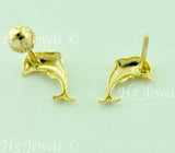 14K Solid Yellow Gold Kids Dolphin Stud Earrings #5579