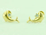 14 Solid Yellow Gold Kids CZ Dolphin Stud Earrings #5593