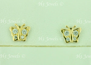 14K Solid Yellow Gold Kids CZ Butterfly Stud Earrings #5600