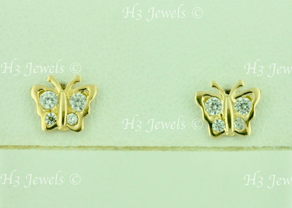 14K Solid Yellow Gold Kids CZ Butterfly Stud Earrings #5600