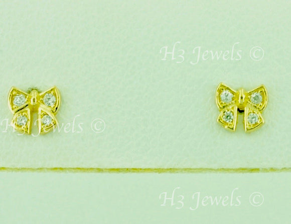 14K Solid Yellow Gold Kids CZ Bow Stud Earrings #5614