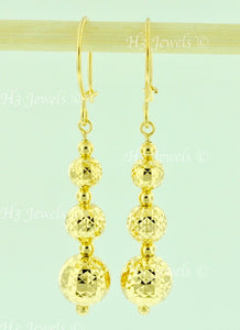 18k Solid Yellow Gold Dangle Diamond Cut Hollow Ball Earrings #5694