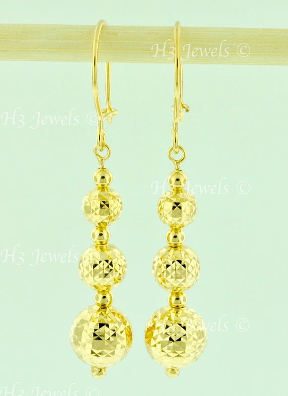 18k Solid Yellow Gold Dangle Diamond Cut Hollow Ball Earrings #5694