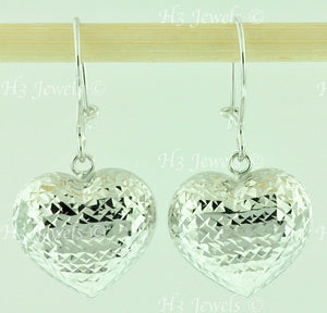 18K Solid White Gold Dangle Diamond Cut Hollow Heart Earrings. #5775