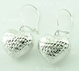 18K Solid White Gold Dangle Diamond Cut Hollow Heart Earrings. #5775