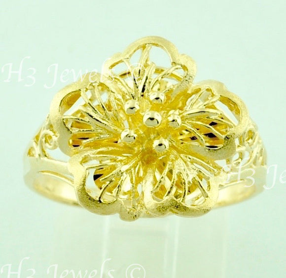 18K Solid Yellow Gold Diamond Cut Filigree Flower Ring #5828