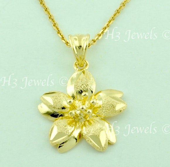 18k Solid Yellow Gold Diamond Cut Flower Pendant #5837