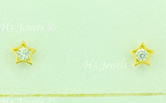 14K Solid Yellow Gold Kids CZ Star Stud Earrings #5971