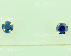 14K Solid Yellow Gold Round Cut Natural Sapphire Stud Earrings #5977