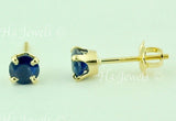 14K Solid Yellow Gold Round Cut Natural Sapphire Stud Earrings #5977