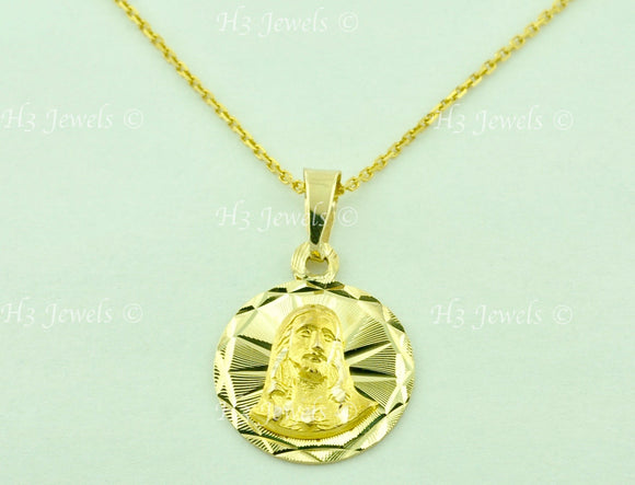 14K Solid Yellow Gold Round Jesus Pendant For Kids #6227