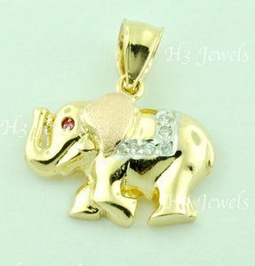 14K Solid Tri-Gold CZ Ruby Lucky Elephant Pendant Charm #6559