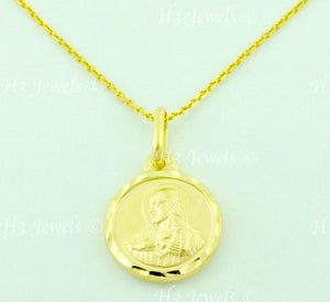 14K Solid Yellow Gold Round Double Sided Blessed Virgin Mary, Jesus Kids Pendant #6578