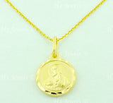 14K Solid Yellow Gold Round Double Sided Blessed Virgin Mary, Jesus Kids Pendant #6578