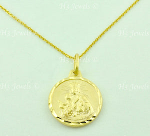 14K Solid Yellow Gold Round Double Sided Blessed Virgin Mary, Jesus Pendant. #6588