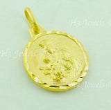 14K Solid Yellow Gold Round Double Sided Blessed Virgin Mary, Jesus Pendant. #6588