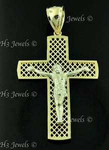 14K Solid 2-Tone Yellow & White Gold Jesus Christ Filigree Cross Pendant #8163