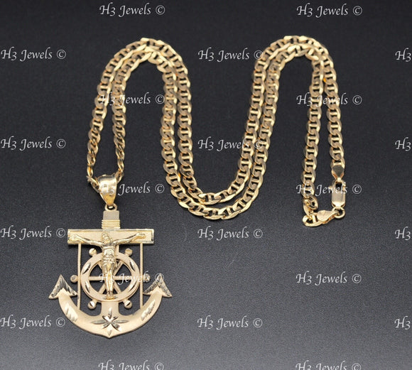 14k Solid Yellow Gold Gucci Mariner Chain Necklace With Jesus Christ Cross Anchor Mariner Pendant #12960