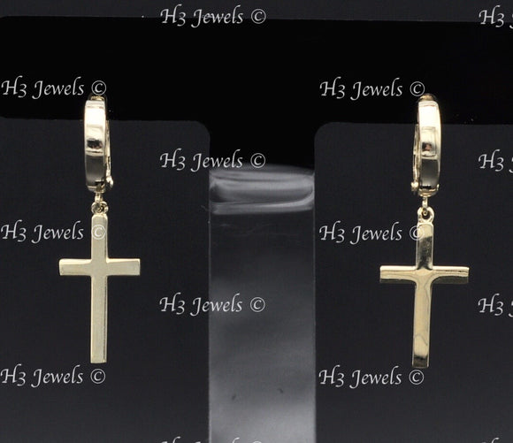 14k Yellow Gold High Polished Plain Huggie Hoop Dangle Cross Earrings #12983