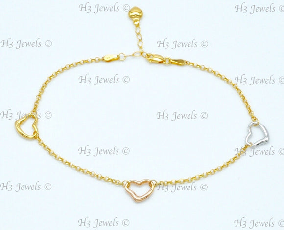 14K Yellow Gold 3 Tone Open Heart Charm Anklet #13039