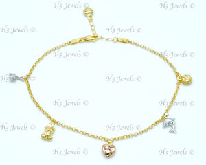 14K Yellow Gold 3 Tone Mixed Charm Anklet #13051