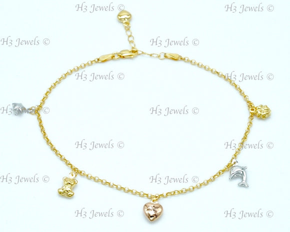 14K Yellow Gold 3 Tone Mixed Charm Anklet #13051