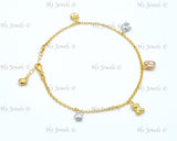 14K Yellow Gold 3 Tone Mixed Charm Anklet #13051