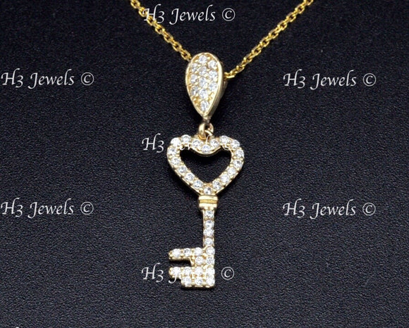 14K Yellow Gold CZ Cubic Zirconia Heart Key Pendant #13078