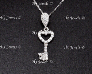 14K White Gold CZ Cubic Zirconia Heart Key Pendant Charm #13108